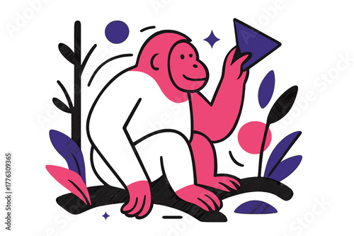 Orangutan Geometric Art. Endangered Species. Orangutan in the rainforest with floating abstract geometric shapes and soft glowing accents, rare and gentle