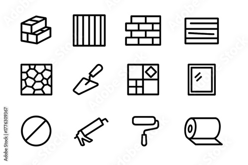 Exterior Material Icons. Exterior Materials. Line icon set of Exterior Materials: concrete block, metal panel, brick wall, wood slat, stone veneer, stucco