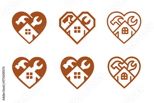 Heart House Logos. Volunteering to help a family member with home maintenance tasks. Set Logo of volunteering to help a family member with home maintenance
