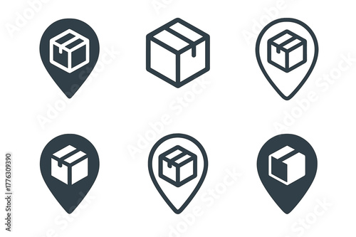 Diverse Package Logos. Online shopping. Set Logo of online shopping: package tracking map pin. Icon set. harmonious logo variations of the same emblematic
