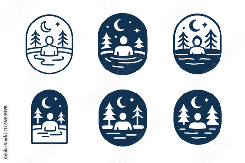 Hot Spring Icons. A hot spring bath with a natural, serene landscape around it. Icon set. Set Logo of A hot spring bath with a natural, serene landscape around