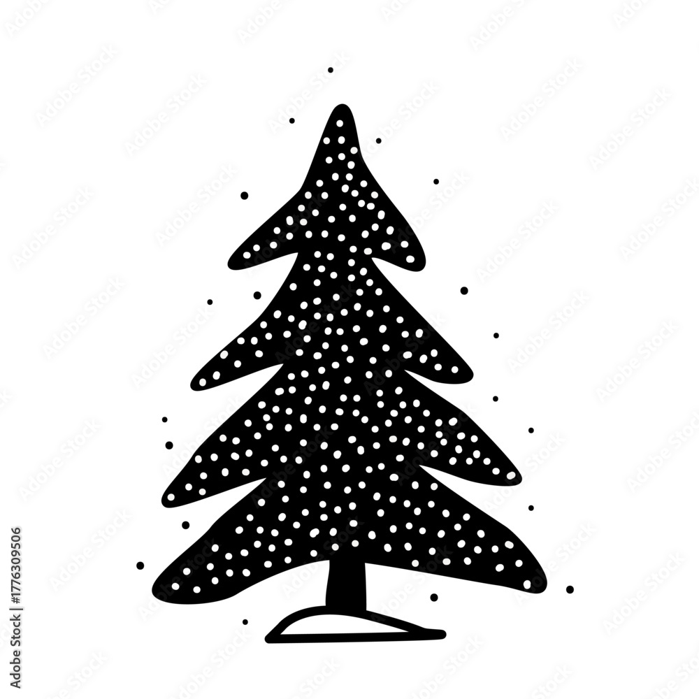 Obraz premium Black vector illustration of a stylized Christmas tree with hand drawn snowy accents. Minimal winter holiday design perfect for greeting cards, festive prints, decor, and seasonal graphic projects.
