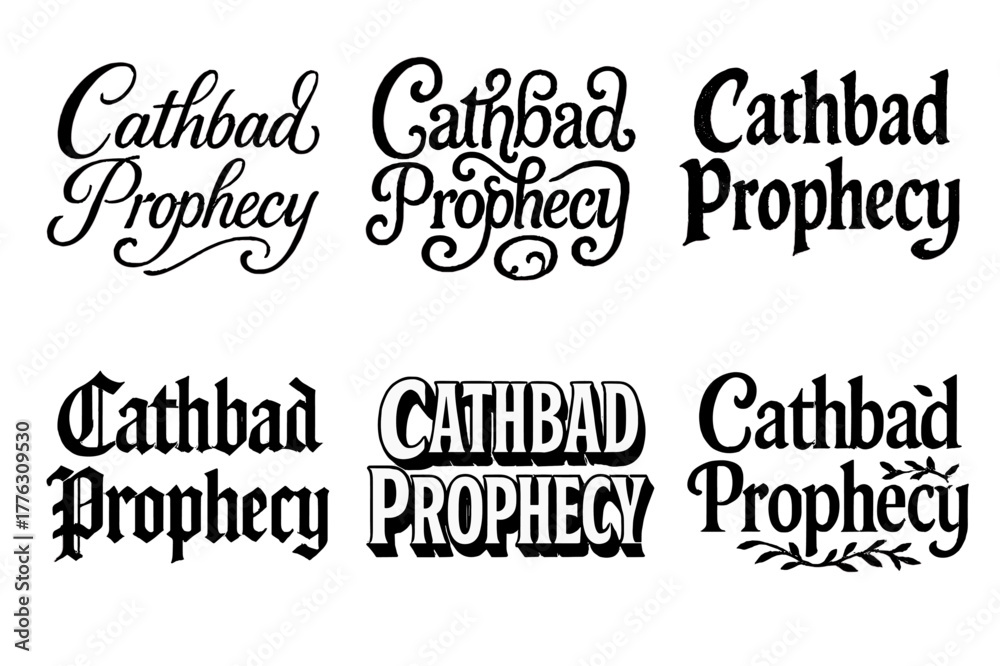 Fototapeta premium Diverse Lettering Styles. Cathbad Prophecy. Set lettering. harmonious lettering variations of the same emblematic concept, each with different artistic