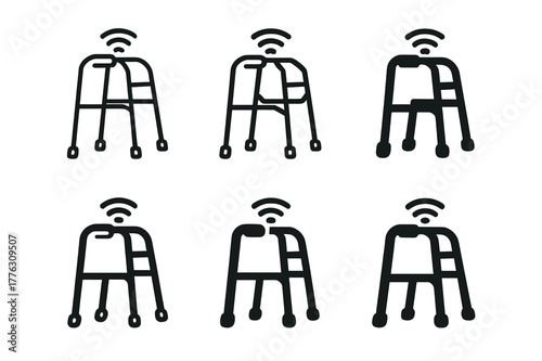 Elderly Care Tech Icons. Elderly care technology. Icon set. Set Logo of elderly care technology: mobility walker with sensor module. harmonious logo variations