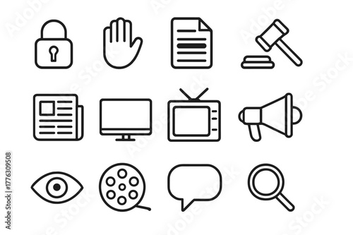 Censorship Icon Set. Censorship enforcement. Line outline icon set of censorship enforcement: lock, hand stop