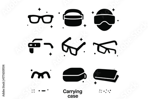 AR Headset Icons. augmented reality headsets. Solid icons set of augmented reality headsets: smart glasses, visor headset, mixed reality helmet, monocular