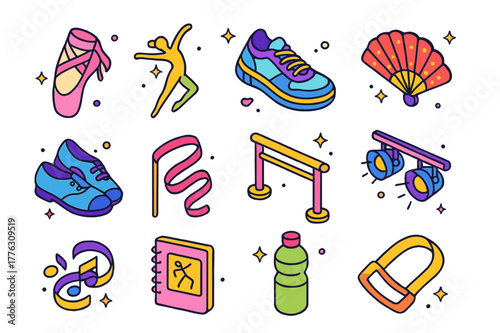 Dance Icons Collection. Dance as emotion. Colorful isometric vector icons set of dance as emotion: ballet pointe shoe, contemporary pose figure, hip-hop