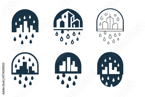 Rainy Skyline Logos. Rainy mood illustration. Set Logo of Rainy mood illustration: city skyline under rain. Icon set. harmonious logo variations of the same