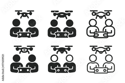 Experimental Learning Icons. Students participating in hands-on experiments. Icon set. Set Logo of students participating in hands-on experiments: drone and