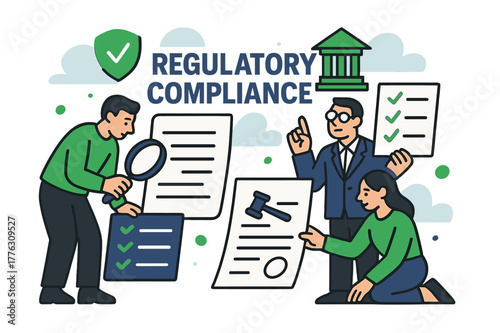 Regulatory Oversight Scene. Regulatory compliance. People examining forms, legal documents, and floating