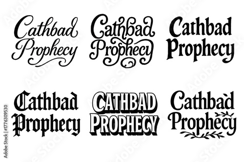 Diverse Lettering Styles. Cathbad Prophecy. Set lettering. harmonious lettering variations of the same emblematic concept, each with different artistic