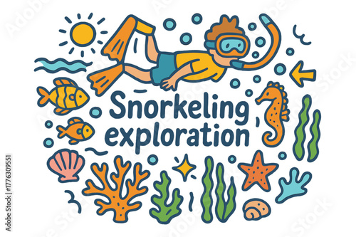 Underwater Doodle Adventure. Snorkeling exploration. Hand-drawn doodle illustration of snorkeling exploration.