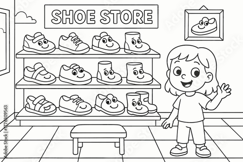 Smiling Shoe Store. Shoe store children?s coloring book illustration, outlined drawing, cartoon shop with