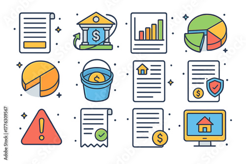 Colorful Mortgage Icon Set. mortgage payments and escrow. Colorful isometric vector icons set of mortgage payments and escrow: monthly statement, autopay bank