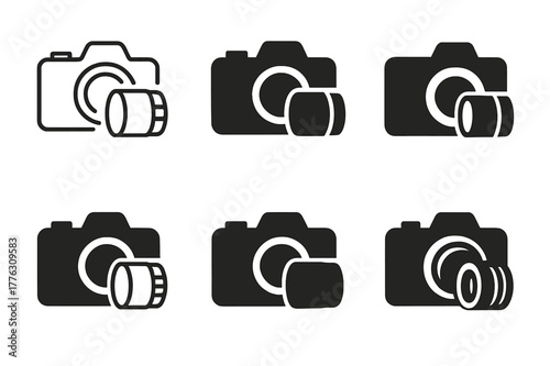 Digital Camera Logos. Digital cameras. Set Logo of Digital cameras: mirrorless camera body with detachable lens. Icon set. harmonious logo variations of the