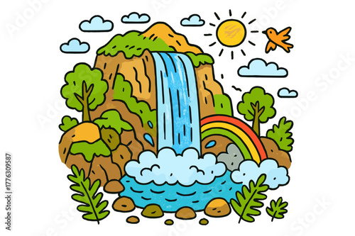 Rainbow Waterfall Wonderland. Waterfall source. Colorful Hand-drawn doodle Children illustration Waterfall source mountain cliff, flowing water, mist, rainbow,