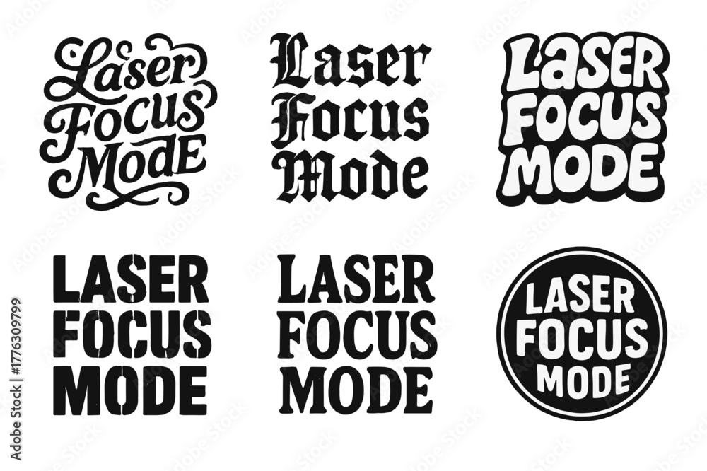 Obraz premium Diverse Lettering Styles. Laser Focus Mode. Set lettering. harmonious lettering variations of the same emblematic concept, each with different artistic