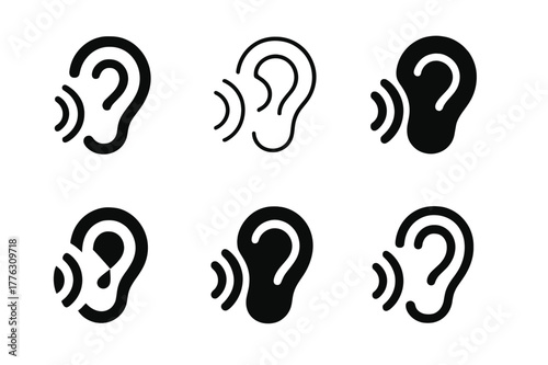 Sound Travel Logos. How sound travels. Set Logo of how sound travels: ear shape with echo arcs. Icon set. harmonious logo variations of the same emblematic