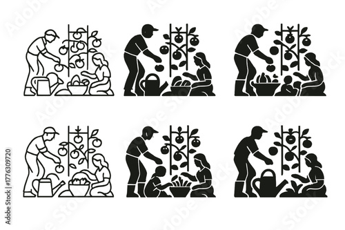 Garden Harvest Logos. A family picking fresh vegetables from their garden in the countryside. Set Logo of a family picking fresh vegetables from their garden