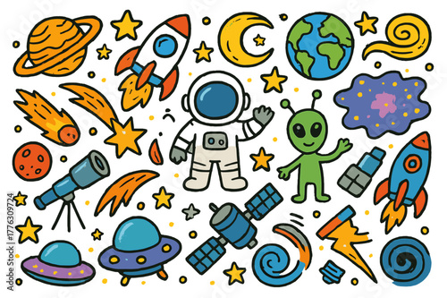 Cosmic Cartoon Adventure. Space Exploration. Colorful Hand-drawn doodle Children illustration Space Exploration, planets, stars, rockets, astronauts, aliens,