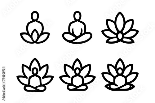 Meditation Lotus Grid. Embracing solitude and personal time. Set Logo of meditation lotus figure: Symmetrical form, Minimal outline, Stylized detail, Abstract