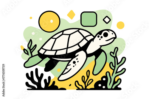 Turtle's Geometric Journey. Endangered Species. Sea turtle swimming through coral reef with floating abstract geometric shapes and soft glowing accents, serene
