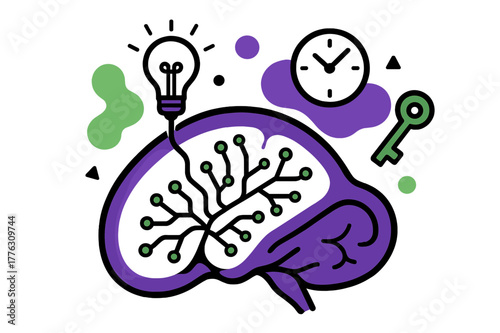 Hippocampus Connection Symbols. Neural encoding. A brain slice shows the hippocampus actively forming