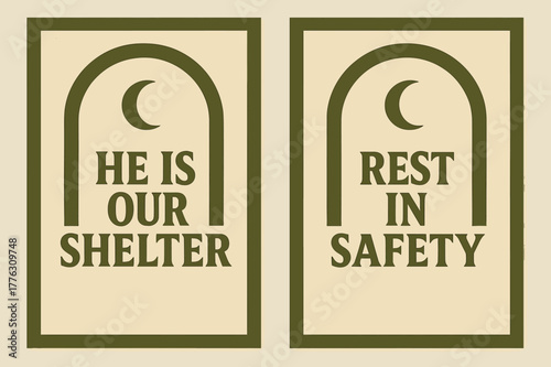 Shelter of Mercy. Shelter of Mercy. Two vertical A6 banners with safe margins, centered composition, no elements touching edges, brutalist, olive green and