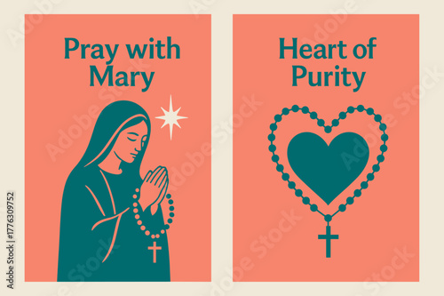 Devotional Banners. Devotion. Two vertical A6 banners with safe margins, centered composition, no elements touching edges, modern, coral and teal, rosary