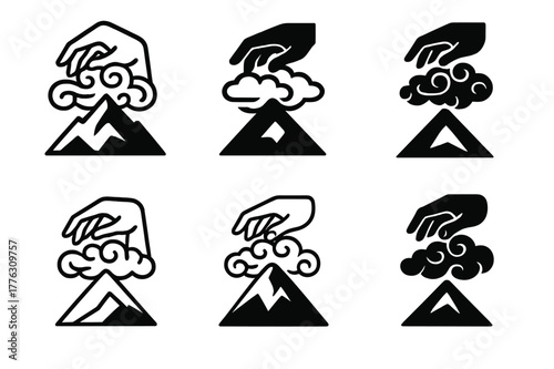 Divine Wind Logos. A god controlling the winds and the storms. Set Logo of A god controlling the winds and the storms: mountain peak with divine hand shaping