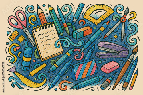 Colorful Doodle Supplies. Doodle Art. Hand-drawn doodle illustration Doodle Art, colored pencil, accented marker, colored paper, sketchbook, colored scissors,