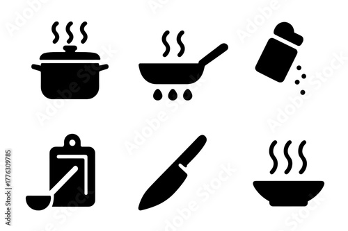 Cooking Icons Collection. Cooking process. Filled icon set of cooking process: boiling pot, simmering pan,