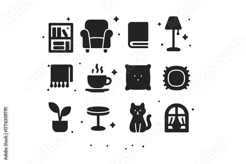 Cozy Reading Icons. Book Lover?s Spot. Solid icons set of Book Lover?s Spot: bookshelf, armchair, book, lamp, blanket, coffee cup, cushion, rug, plant, side
