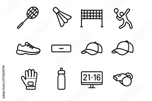 Badminton Icon Set. Badminton training. Line outline icon set of badminton training: racket, shuttlecock, net,
