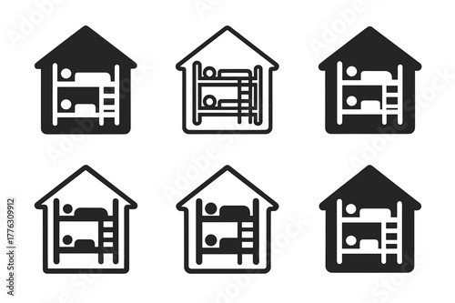 Migrant Shelter Logos. Migrant shelters. Set Logo of Migrant shelters: bunk beds inside a safehouse. Icon set. harmonious logo variations of the same