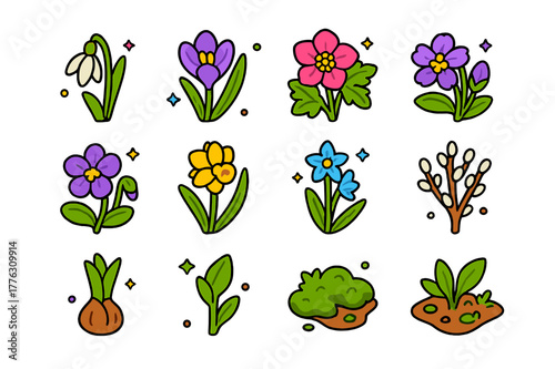 Spring Flora Icons. Early spring flora. Colorful isometric vector icons set of Early spring flora: snowdrop, crocus, primrose, hellebore, violet, daffodil,