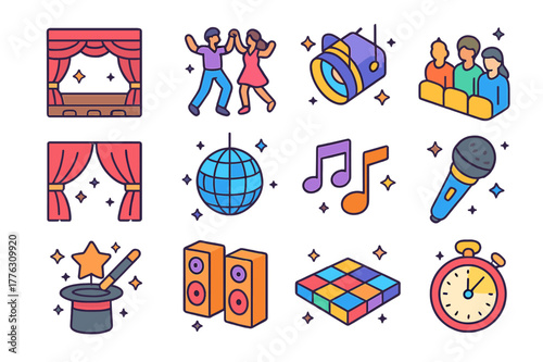 Showtime Icon Extravaganza. Showtime. Colorful isometric vector icons set of showtime: stage, dancers, spotlight, audience, curtains, disco ball, music notes,