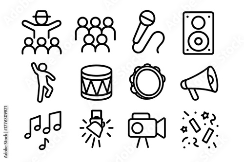 Street Performance Icons. Street performance. Line outline icon set of street performance: performer, crowd,
