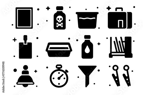 Wet Plate Icons. Wet Plate Collodion. Solid icons set of Wet Plate Collodion: glass plate, collodion bottle, silver nitrate bath, portable darkbox, dip holder,