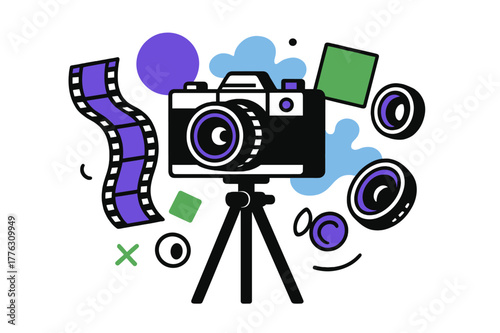 Retro Photography Elements. Vintage aesthetics. A camera on a tripod with floating abstract film strips,