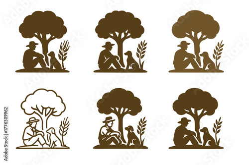 Farmer and Dog Emblems. A farmer and his dog taking a break under the shade of a tree. Set Logo of A farmer and his dog taking a break under the shade of a