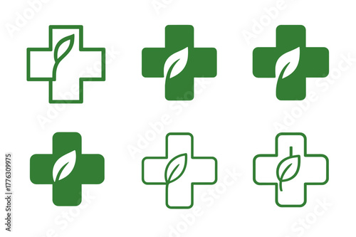 Medical Cross Logo Variations. Medical cross symbol. Set Logo of Medical cross symbol: cross with subtle leaf motif representing wellness. Icon set. harmonious
