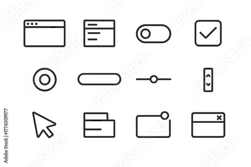 UI Icon Set. User Interface. Line icon set of User Interface: window frame, dropdown menu, toggle switch, checkbox, radio button, search bar, slider, scroll