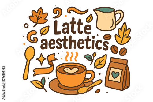 Latte Aesthetic Doodle. Latte aesthetics. Hand-drawn doodle illustration of latte aesthetics. Coffee cup,