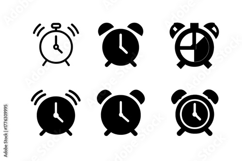 Morning Wake-Up Logos. Morning wake-up. Set Logo of Morning wake-up: ringing alarm clock with bells. Icon set. harmonious logo variations of the same