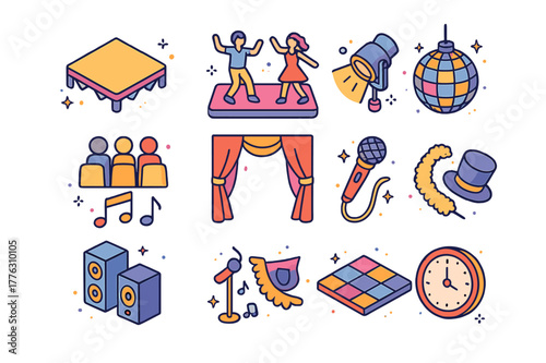 Isometric Dance Show Icons. Live dance show. Colorful isometric vector icons set of live dance show: stage platform, dancers, spotlight, audience, curtains,