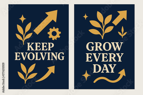 Inspiring Growth Banners. Keep evolving. Two vertical A6 banners with safe margins, centered composition, no elements touching edges, bold, navy and gold,