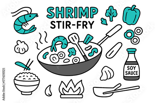 Shrimp Stir-Fry Doodle. // Shrimp stir-fry. Hand-drawn doodle illustration Shrimp stir-fry [shrimp (accented), wok pan (accented), spatula (accented), bell