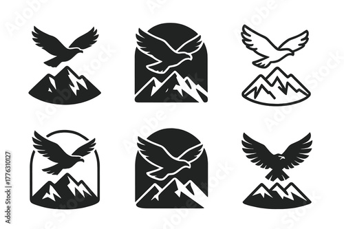 Seasonal Animal Logos. Animals in the wild during different seasons. Set Logo of Animals in the wild during different seasons: eagle soaring over mountains.