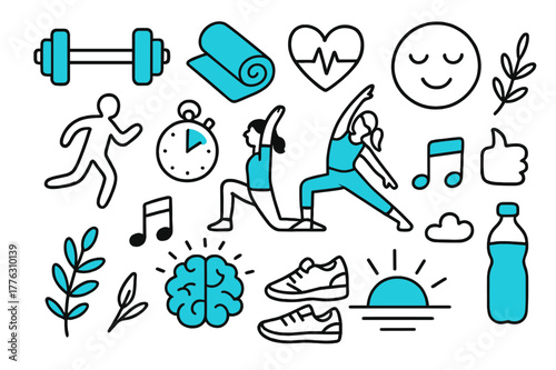 Mental Wellness Doodles. Mental wellness & exercise. Hand-drawn doodle illustration mental wellness & exercise [dumbbell (accented), yoga mat (accented), heart